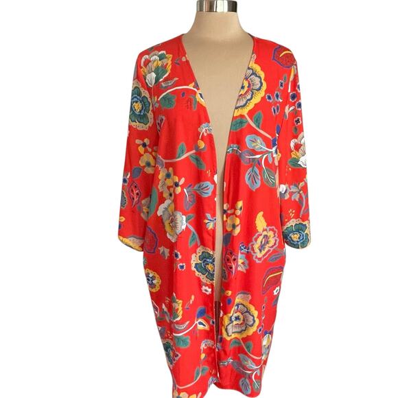 Jodifl Red Bold Floral Print Kimono LARGE Bright Colorful Summery Beach Resort - Picture 1 of 7